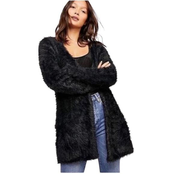 Free People Sweaters - Free People Black Faux Fur Long Cardigan Size L New